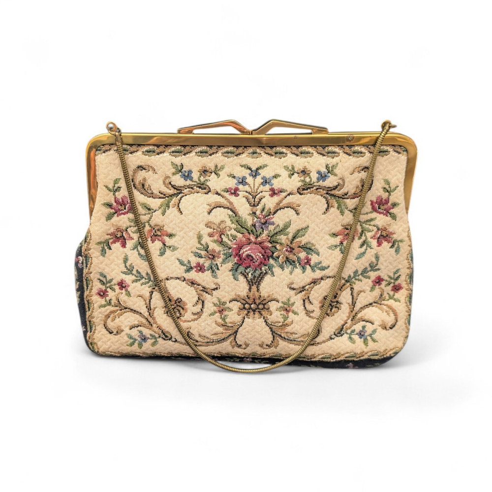 VINTAGE TAPESTRY PURSE Made in West Germany Floral Multicolor Gold Tone Chain - Picture 2 of 16